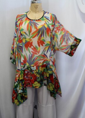 Coco  Juan Plus Size Tunic Top Orange Green Floral Drape Shirt OS 1X,2X,3X B62''