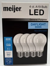 A19 LED Light Bulbs | Meijer 60W 840 Lumens 5000K Daylight White 4 Ct