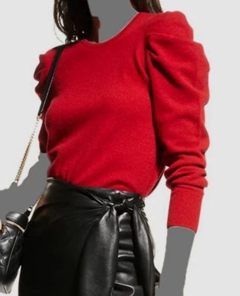 $295 Neiman Marcus Women\'s Red Crew Neck Puff-Sleeve Cashmere Sweater Size  Large | eBay