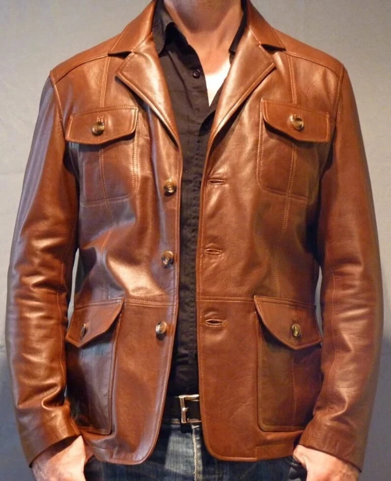 Men's Brown Handmade Vintage Biker Leather Blazer Motorcycle Jacket