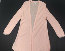 J Jill S Peachy Pink Lightweight Open Cardigan Sleeve Fringe Long Linen Blend