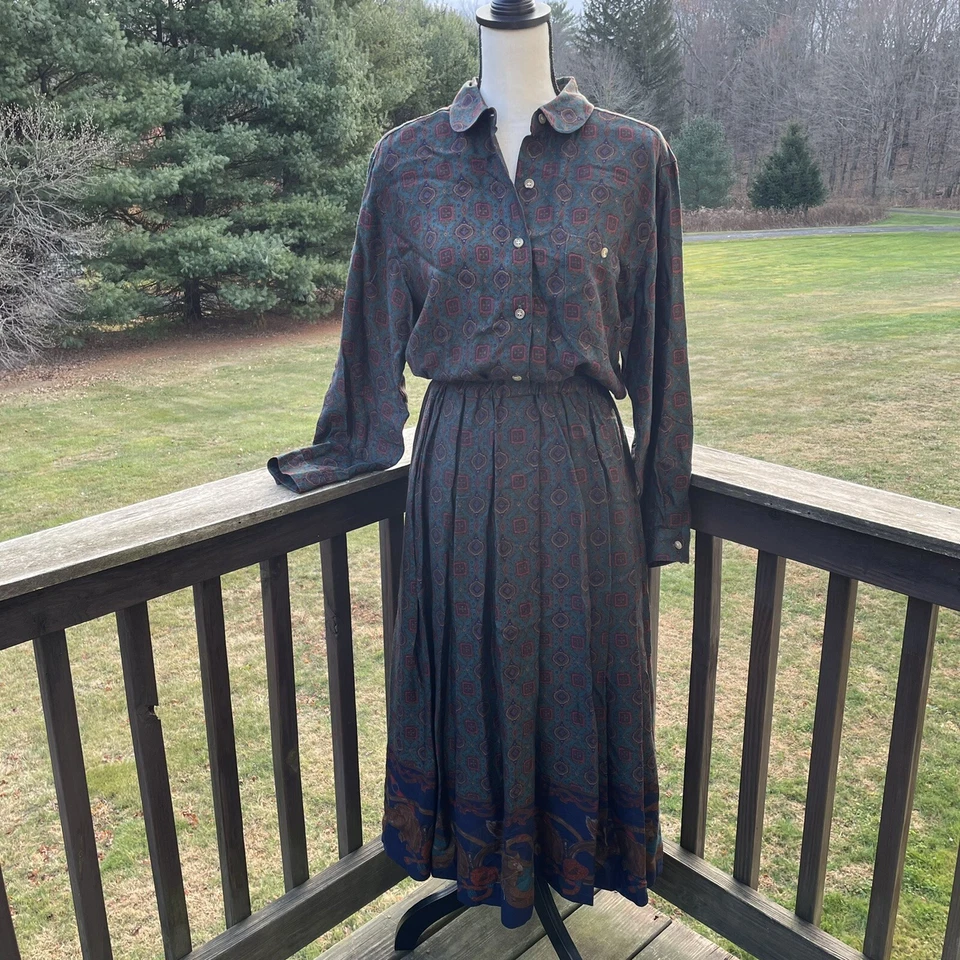 LANDS END Dress Maxi Modest Geometric Baroque Dogs Equestrian Autumn 90s Vtg 12 - Image 2 of 4
