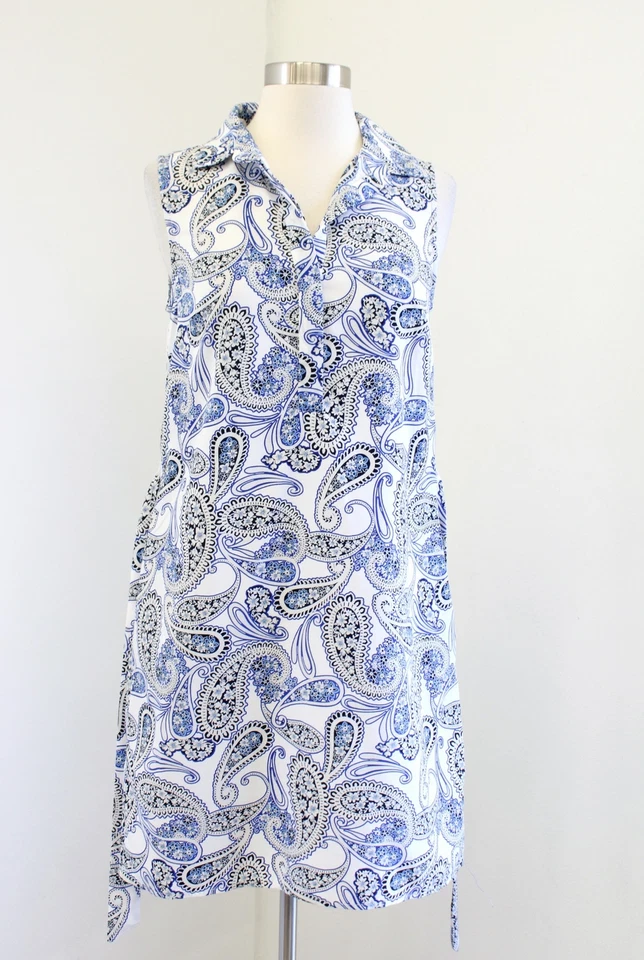 Vestido Camisa Banana Republic Azul Blanco Cachemira Estampado Floral Corbata Cintura Cambio Talla 2 Foto 3 de 4