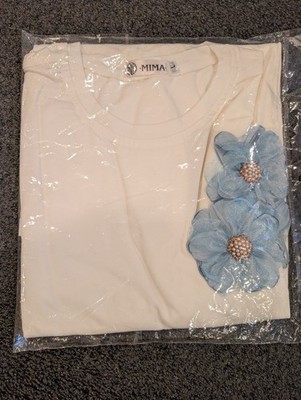 MIMA Women's Cotton Jersey White T-Shirt Blue Beaded Flower Accent Size L