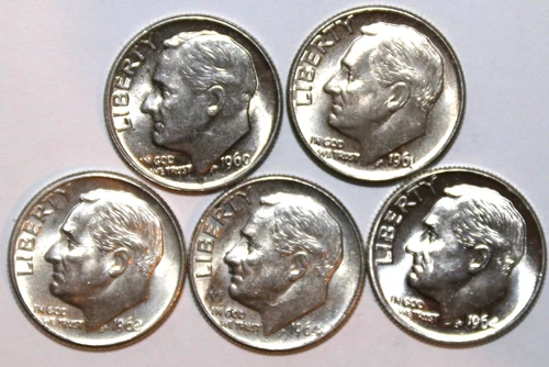 (5) Roosevelt Dimes - AU - 1960P 1961D 1962D 1964D 1964P - #9817D
