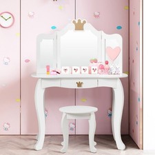2 in 1 Kids Vanity Makeup Dressing Table & Chair Set W/ Tri-fold Mirror