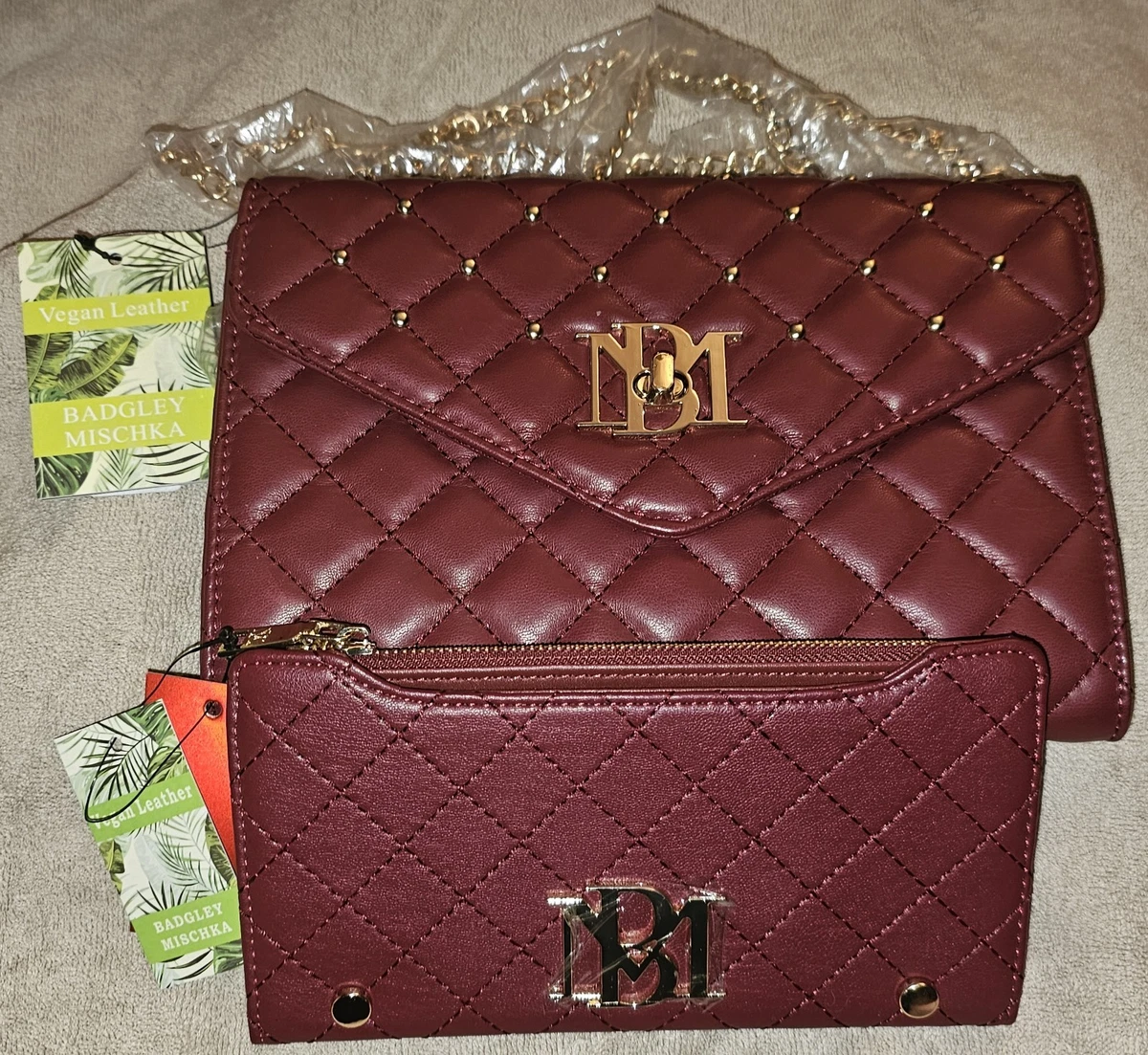 Badgley Mischka Quilted Studded Mini Backpack and Croc Wallet Set Pink Grey NEW Badgley Mischka Mini Quilted Backpack Hand Bag Beige Taupe  main image 2
