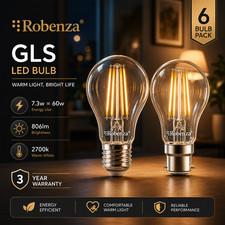 6x  LED 7.3W GLS Filament Bulb 2700K equivalent 60W B22 E27 Clear Glass A60 Lamp