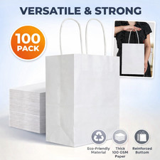 100 Pack White Kraft Paper Bags with Handles Gift Shopping Retail 8x4.75x10in