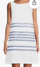 BEACH LUNCH LOUNGE WHITE LINEN SLEEVELESS SHIFT DRESS BLUE STRIPES SIZE LARGE