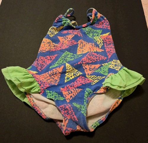 '80s Catalina Girls Multicolor NEON Swim Suit Size 6X Double Ruffle Triangles 