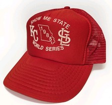 VINTAGE RED 1985 MLB WORLD SERIES ST LOUIS CARDINALS VS ROYALS TRUCKER HAT I-70
