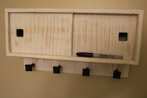 small white rustic wooden bathroom cabinet-sliding doors and 4 hooks