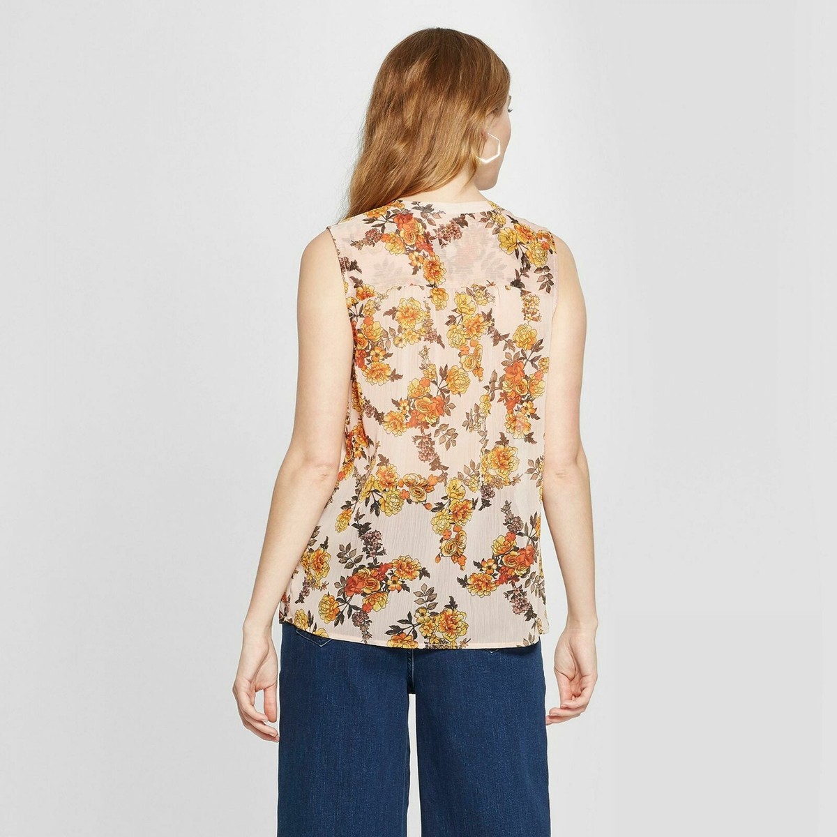 Blouse Shirt Top Blush Floral Print Sz M Women Sleeveless Button