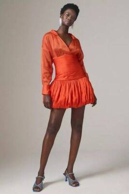 NEW LET ME BE V NECK SHEER SHIRRED WAIST BUBBLE HEM DRESS |ANTHROPOLOGIE M