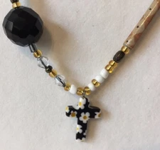 Handmade Paper Rolled Beads & Glass Beaded Necklace w/cross 16"-26" Adjustable