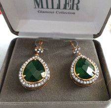 Nolan Miller Gold Tone Tear Drop Pierced Earrings with Emerald & Clear Crystals