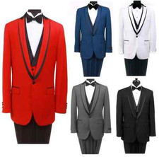 Slim Fit 1 Button Peak Shawl Lapel Satin Black Trim Collar Prom Tuxedo With Vest