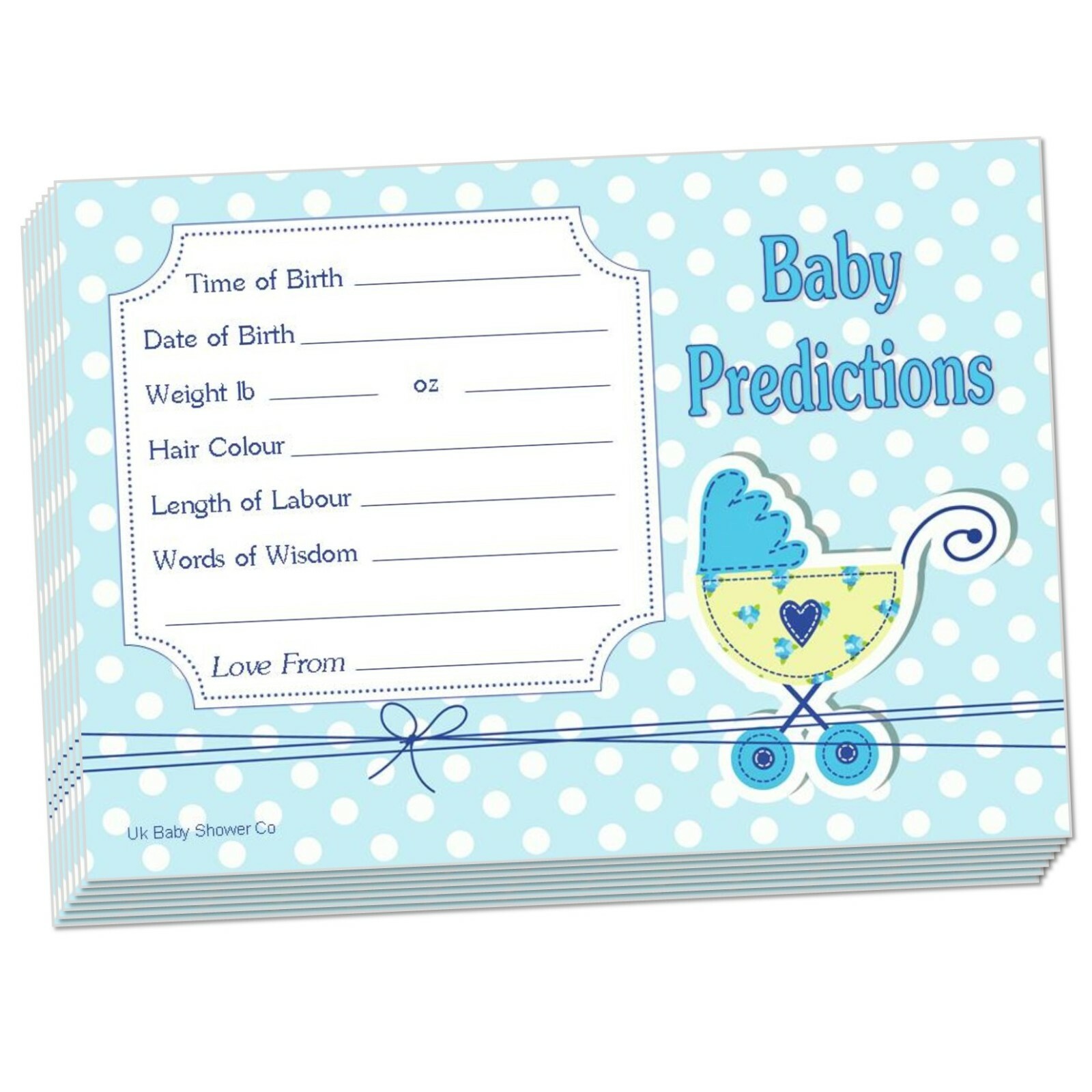 Polka Dot Prediction Cards- Blue, Boy, 20 Guest, Baby Shower, Guess, Family