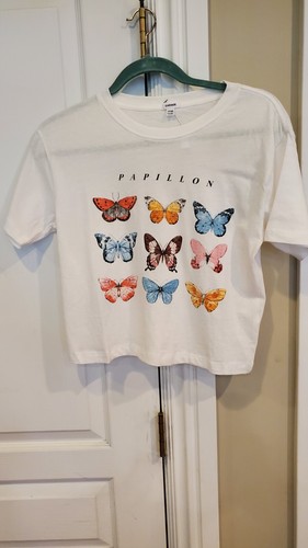 Garage white Butterfly Graphic Print Papillon Crop T Shirt size xs  teen/women's | eBay