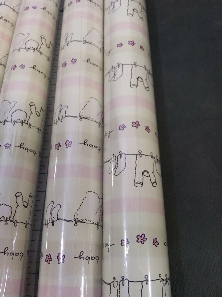 6 rolls Gift wrap baby clothes on line  20sq ft pink beige with pink flowers. - Image 2 of 4