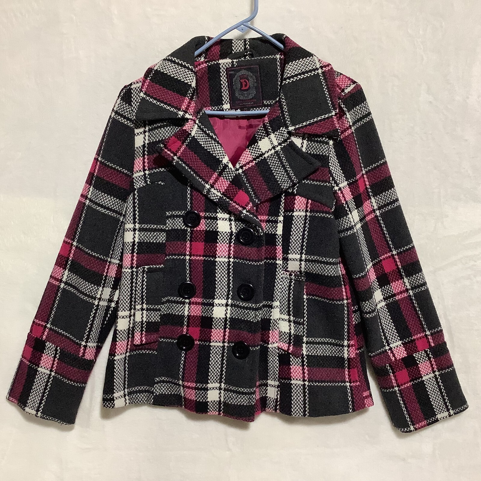 Dollhouse Outerwear NYC Double Breasted Dress Coat Pink Black Plaid Sz