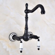 Oil Rubbed Bronze Wall Mount Dual Ceramic Handles Bathroom Basin Sink Faucet