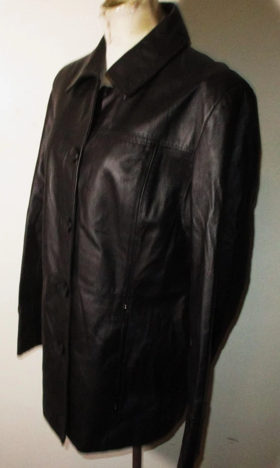 Abrigo para mujer EAST 5Th negro 100 % cuero con botones talla L Foto 4 de 4