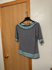 Max Studio Medium Multi-Color w/Geometric Print 3/4 Sleeve Boatneck Blouse - EUC