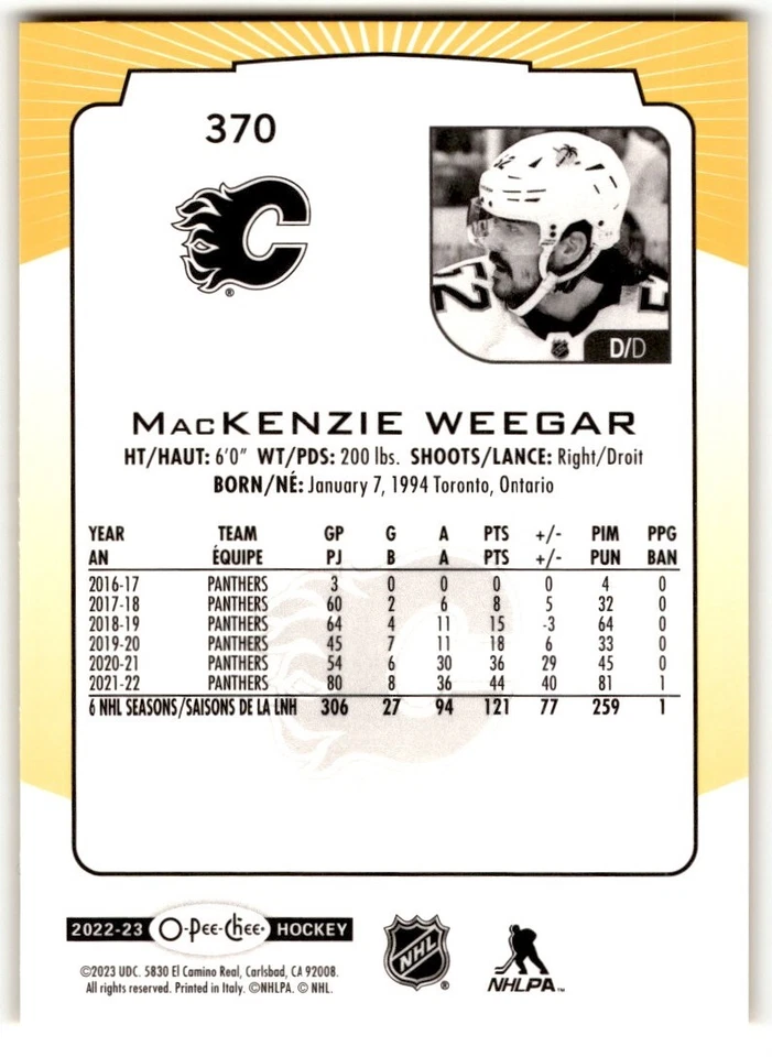 MacKenzie Weegar 2022-23 O-Pee-Chee Yellow #370 Calgary Flames - Image 2 of 2