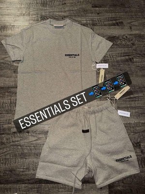 ESSENTIALS Men's 2pc Fleece Shorts Set L Gray/Black Tee + Drawstring Shorts