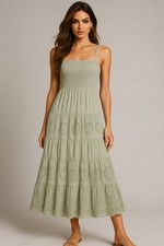 Jessica Simpson Dress Womens M Green Tiered Cottagecore Smocked Boho Maxi Eyelet