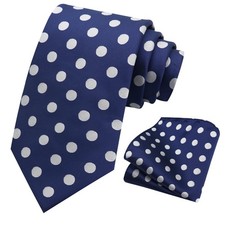 Mens Tie and Pocket Square Combo, Black Blue and White Polka Dot Ties for Men...