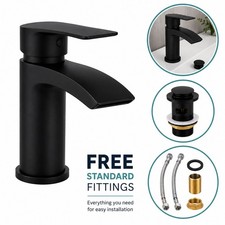 Black Bathroom Basin Mixer Tap Curved Modern Mono Cloakroom Sink Tap + Fittings