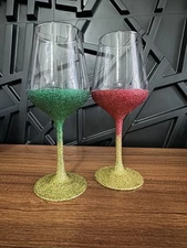 Glitter Stemmed Wine Glasses Set of 2 Black Green Gold Red Handmade