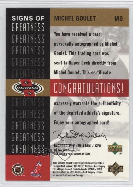 2000-01 Upper Deck Heroes Signs of Greatness Michel Goulet #MG Auto HOF - Image 2 of 2