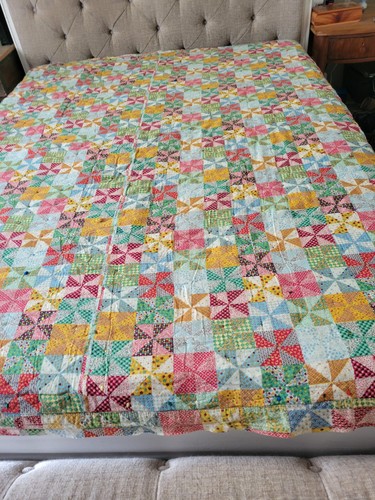 VNTG Handmade Cotton Multicolor Bed Cover 68"×82" 1970s NOT A QUILT