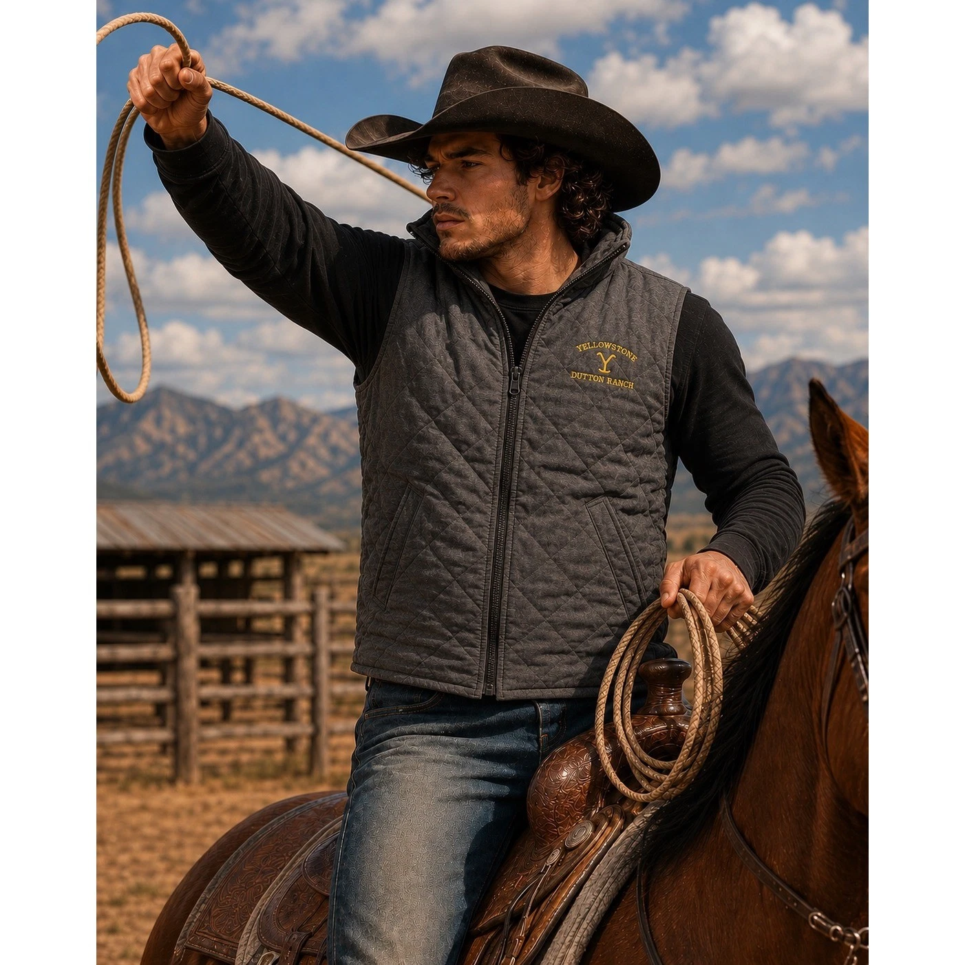 Yellowstone Dutton Ranch Men Black Canvas Quilted Lined Zip Vest 2XL New
