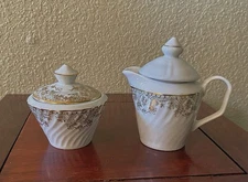 Vtg Royal Gijon Brand  Porcelain Sugar Bowl & CreamerLidsed Small White&Gold