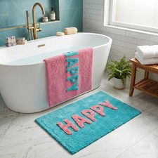 Happy Slogan Bath Mat Non Slip 50 x 80cm Soft Absorbent Colourful Bathroom Rug