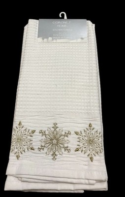 Coronet Home Set Of 2 White 100% Cotton Kitchen Towels Embroidered Snowflakes