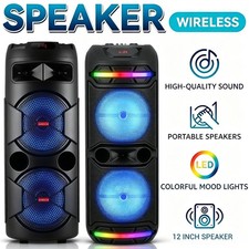 Wireless Dual 12" Portable FM Bluetooth Party Speaker Subwoofer Heavy Bass w/Mic