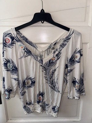 American Rag Peacock Feather Pattern White Off Shoulder Boho Tunic Shirred Waist