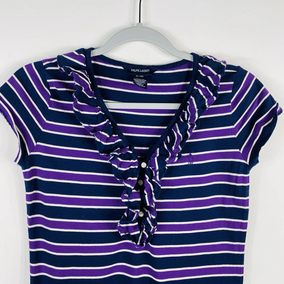 Ralph Lauren Size XL 16 Striped Ruffle Neck Cap Sleeve Dress Purple Navy Blue - Image 3 of 4