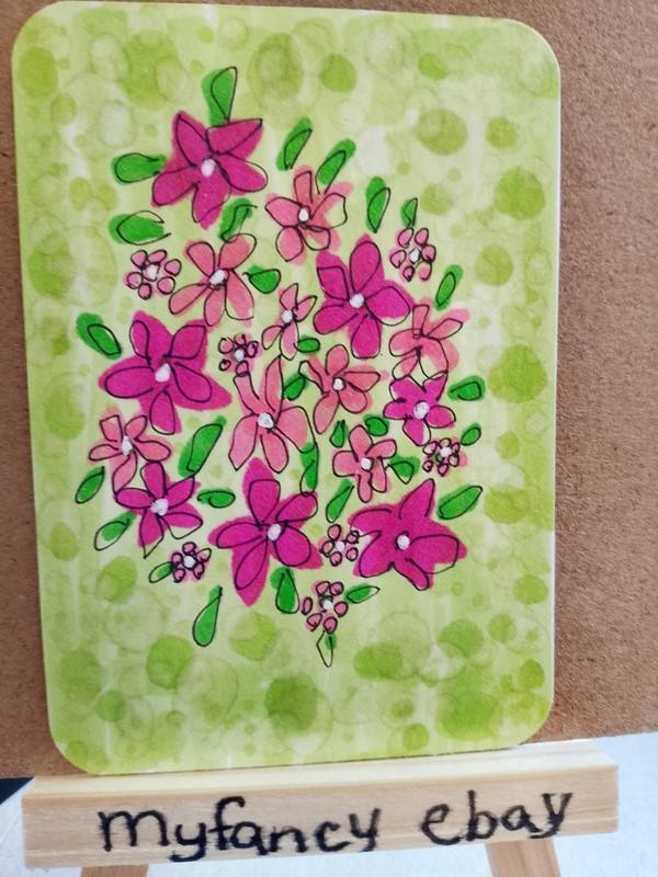 ACEO  ATC Whimsical Floral pink original painting new 3.5" x 2.5" myfancy