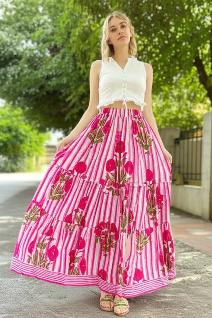 Indian Pink Floral Long Frill Skirt 100% Cotton Skirt Women's Clothing Skirt US
Opens in a new windo