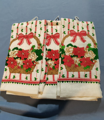3 Vintage B & D Royal Terry Christmas Basket with Flowers Kitchen Towels New