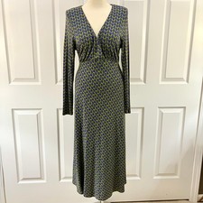 Boden Green Blue Floral Geometric V-Neck Jersey Knit Midi Dress Womens 12R