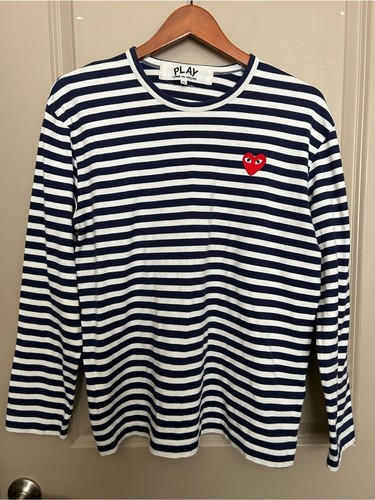 Comme des Garçons Play Navy & White Striped Double Heart Long Sleeve Tee