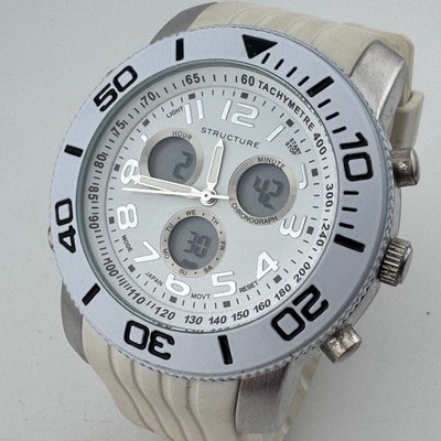 Structure Analog Digital Watch Men Silver Fixed Bezel Alarm Chrono New Battery
